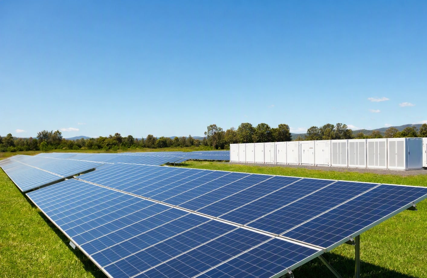 Freiflächen-Photovoltaikanlage mit Speichercontainern
